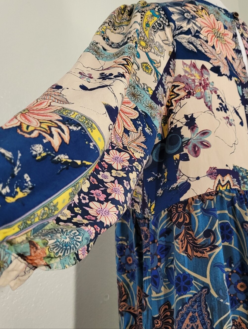 GiGiO Midnight Blue Mixed Print Tiered Floral Paisley Peasant Midi Dress Small - Picture 5 of 12